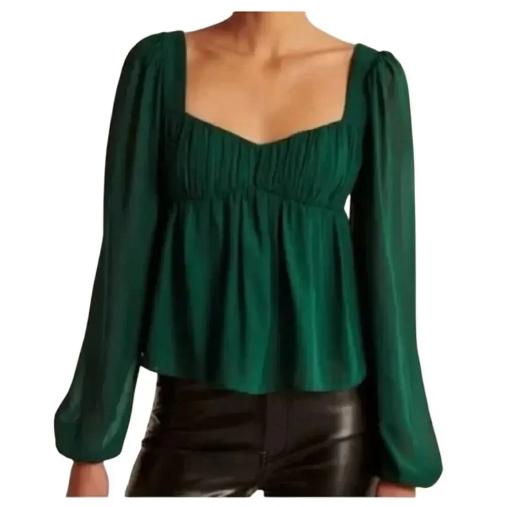 Abercrombie & Fitch Puff Sleeve Semi Sheer Top S Emerald Green Milkmaid Smocked